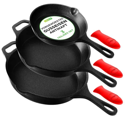 Produktbild von NutriChef Pfannenset 3-teilig 20/25/30 cm– Gusseisenpfanne Induktion mit Tropfrand und abnehmbaren Silikongriffen, Antihaft, Spülmaschinengeeignet, PF
