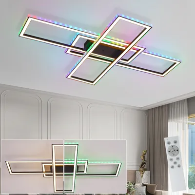 A modern LED ceiling light with multiple rectangular frames, illuminated with colorful RGB lights, mounted on a white ceiling. A remote control is shown in the lower right corner.
