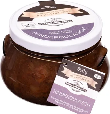 Produktbild von Rindergulasch in Schalotten-Rotwein-Soße 500g – Dürrröhrsdorfer & Stolpener Landhof