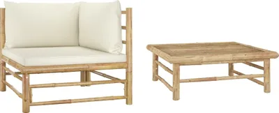 Produktbild von 2-tlg. Garten-Lounge-Set mit Kissen Cremeweiß Bambus