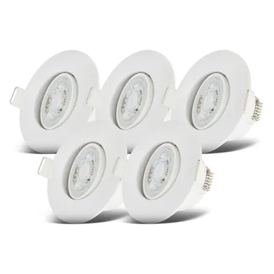 A group of five white LED recessed downlights are arranged in a diagonal formation against a white background.