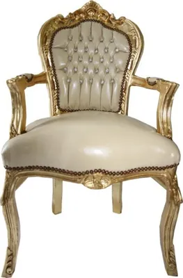 Produktbild von Casa Padrino Barock Esszimmer Stuhl mit Armlehnen Creme Lederoptik / Gold - Möbel