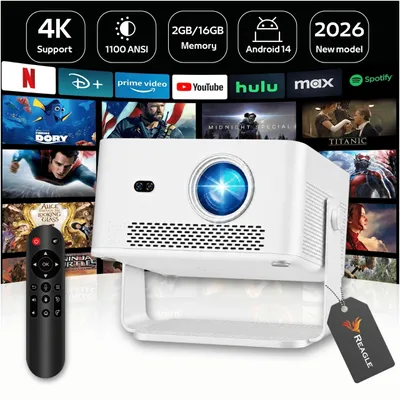 Produktbild von Smart Beamer Android 14 1100 ANSI 4K Full HD 1080P 2GB RAM WLAN 6 Bluetooth 5.4 Autofokus Keystone 140" Heimkino Reagle