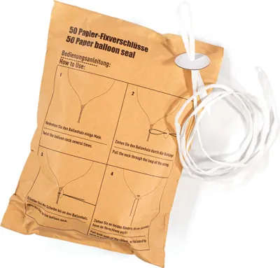 Produktbild von 50 weiße Eco Ballonverschlüsse mit Band 1,3m