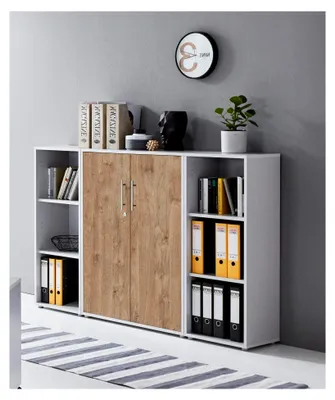 Produktbild von Schrankwand Office Edition abschließbarer Aktenschrank Büroschrank Büromöbel Regal in Lichtgrau/Gold Harbor Oak (Set 2)