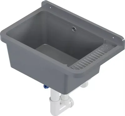 A gray plastic sink with a drain and plumbing attached, shown from a slightly elevated angle against a white background.
