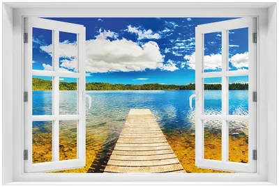 Produktbild von Wallario Premium Glasbild mit Fensterrahmen, freischwebende Optik, kräftige Farben, Größe 60 x 90 cm Motiv Klarer See mit Steg - Blauer Himmel
