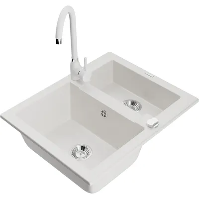 Obrázek produktu pro Mexen Carlos 1,5-miskový granitový dřez s kuchyňskou baterií Telma, Bílá - 6518-20-670200-20