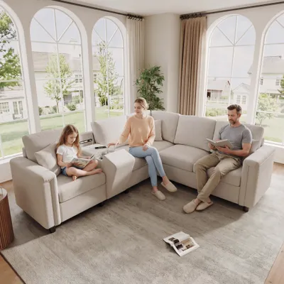 Imagen del producto de Sofá de esquina Merax, forma en L, 5 plazas, tapizado en chenilla, con consola de almacenamiento, portavasos, puertos USB y Type-C, luces de lectura, color beige