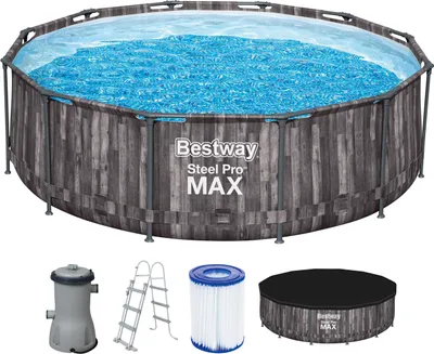 Produktbild von Bestway® Steel Pro MAX™ Auftstellpool-Komplett-Set mit Filterpumpe Ø 427 x 107 cm, Holz-Optik (Mooreiche), rund