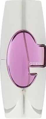 A perfume bottle with a pink, oval-shaped center and a silver outer casing.
