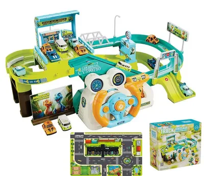 Produktbild von 2 in 1 Spielset zum Selberbauen: Interaktive Rennstrecke und Parkplatz, mit Lenkrad und Schalthebel, 4 Autos,MINT Foerderung, ab 3 Jahren, Dinosaurier,Gruen