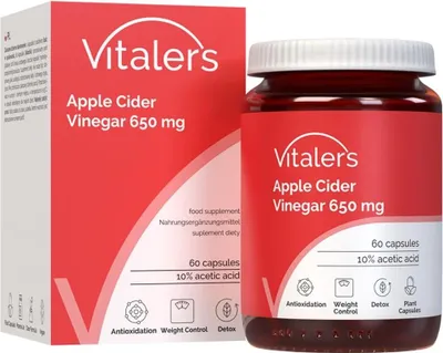 Immagine prodotto di Aceto di mele Vitaler 650 mg – 60 capsule, fornitura per 2 mesi, vegano, senza conservanti, composizione pura