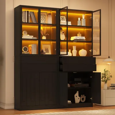 Immagine prodotto di Merax, set di 2 vetrine con illuminazione LED controllabile tramite app, mobiletto vetrina con 4 ante e 2 cassetti, vetrina in vetro temperato, 7 scomparti, colore nero