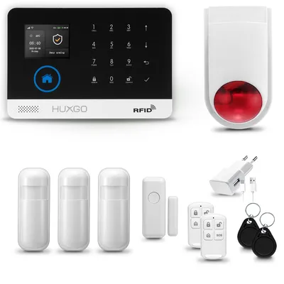 Produktbild von HUXGO HXA003 Alarmanlage Haus WiFi + GSM 4G mit Funk Sirene, Alarm System mit 3x Bewegungssensor und 1x Tür- Fenstersensor  für Wohnung, Haus, Garage