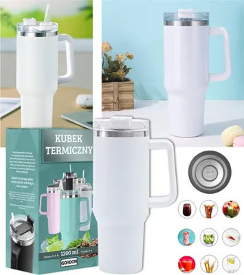 Zdjęcie produktu dla Kubek Termiczny Ze Słomką Termos Na Kawę Herbatę 1200 Ml Biały Xxl