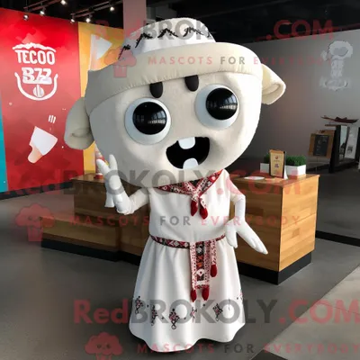 Produktbild von Maskottchenfigur REDBROKOLY eines White Tacos gekleidet in ein Midikleid und Ohrringe