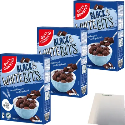 Produktbild von Gut & Günstig Black & White Bits Kakao-Getreidekissen mit Cremefüllung 3er Pack (3x500g Packung) + usy Block