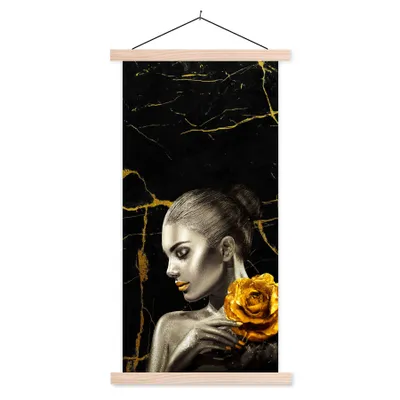 Produktbild von MuchoWow® Textilposter Frauen - Rosen - Gold - Marmor 60x120 cm mit holzfarbenen Rahmen - Holz