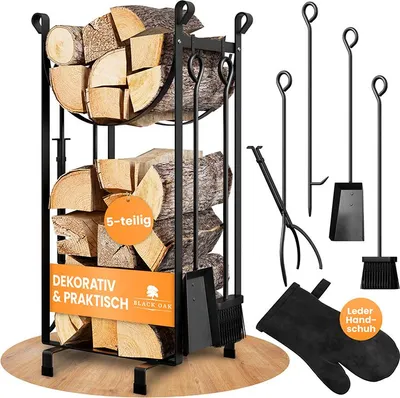 Produktbild von BLACK OAK Kaminholzständer "Jacinto" mit Kaminbesteck - Set inkl. Lederhandschuh