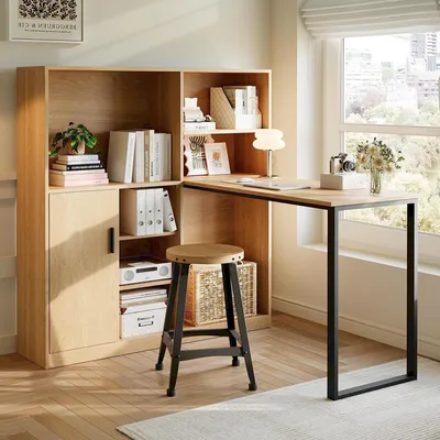 Image de MODFU Bureau de Rangement avec Étagères - Bureau de Travail Compact en MDF Bois Naturel - 120x50x120 cm