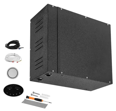 Zdjęcie produktu dla Generator pary SucceBuy o mocy 7,5 kW, system prysznicowo-parowy z panelem sterowania, przeznaczony do sauny, łazienki i spa, wyposażony w automatyczny system odprowadzania pary oraz zabezpieczenia przed przegrzaniem, suchą pracą i nadciśnieniem, kolor czarny