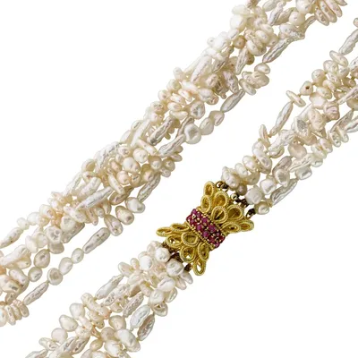 Produktbild von Perlenkette 6-reihig Gelbgold 585 Rubine 0,72ct. feine Süßwasserperlen 43