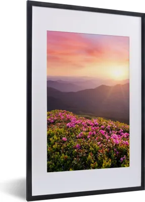 Produktbild von MuchoWow® Gerahmtes Poster Blumen - Berg - Sonnenuntergang - Landschaft 40x60 cm - Poster mit Schwarzem Bilderrahmen Wandposter Rahmen Foto Bilder - Poster in Rahmen