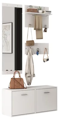 Produktbild von Vierteiliges Garderobenset mit Spiegel, Schuhschrank 90x30x41.5cm, zwei Wandgarderoben und sechs Haken in Weiß für den Eingangsbereich