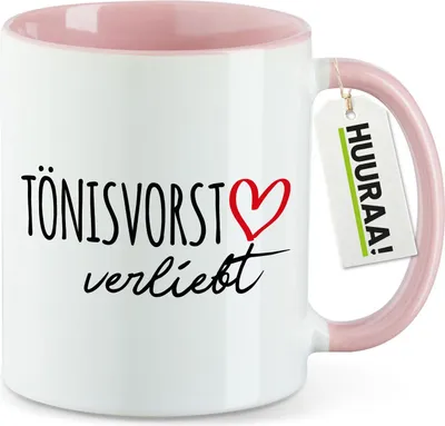 Produktbild von Huuraa Kaffeetasse Tönisvorst verliebt 330ml Rosa Keramik Kaffeebecher Geschenkidee