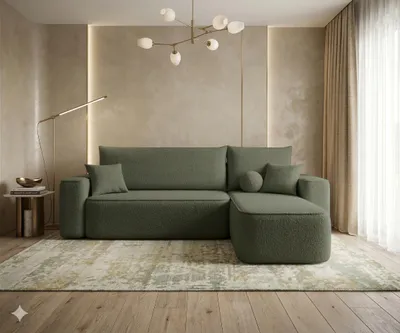 Image de Canapé d’angle TEXAS droit vert foncé bouclé Quelle 37 - fonction couchage, coffre de rangement pour la literie