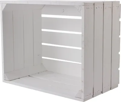 An empty white wooden crate is shown from an angled front view against a white background.