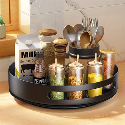 Produktbild von Gewürzregal Drehbar, Drehteller 30cm, Drehbares Gewürzregal Organizer für Schrank Speisekammer Küche Arbeitsplatte Kühlschrank Büro, Drehteller Organizer, Stah«, Sanfte 360° Drehung - Schwarz