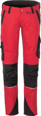 A pair of red and black work pants are shown against a white background.