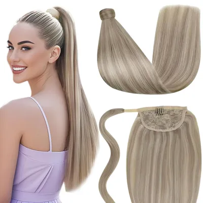 Zdjęcie produktu dla Pasemka do włosów z naturalnych włosów, kolor popielaty blond, z pasmami rozjaśnianymi, długość 35 cm