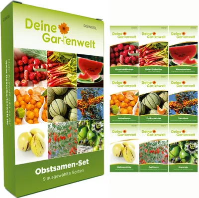 Produktbild von Obstsamen Set - 9 Sorten Samen - Saatgut Sortiment - Anzuchtset für Obst - Geschenkset - Wassermelone, Physalis, Erdbeere, Honigmelone, Melonenbirne, Rhabarber, Goji und mehr