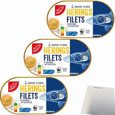 Produktbild von Gut & Günstig Heringsfilets in Senfcreme mit Dillspitzen 3er Pack (3x200g Packung) + usy Block