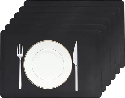 Produktbild von Tischsets abwaschbar 6er Set, Abwischbar Lederoptik Platzset, Schwarz Kunstleder Wasserdicht PVC Platzset, Platzdeckchen für Hause Küche Restaurant und Hotel(45x30cm)
