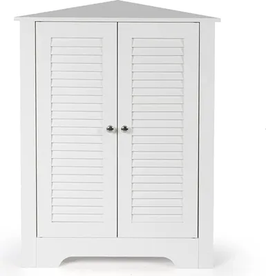 A white corner cabinet with louvered doors.