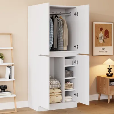 Image de MODFU Armoire De Rangement 2 Portes Avec Étagères Intérieures - Structure Bois Et Métal Solide - 70x40x170 cm - Blanc