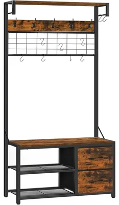 Productafbeelding van Garderobekast met zitbank, schoenenrek, haken en lades, vintagebruin/zwart