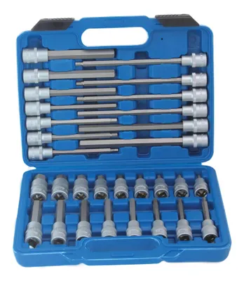 A set of hex keys and sockets in a blue carrying case.