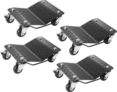 Four black, diamond-plate metal tire dollies with silver casters are arranged in a grid formation against a white background.