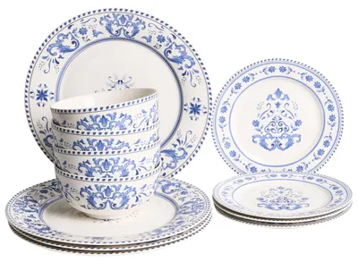 Produktbild von BELIANI Tafelservice 12-teilig Weiß / Blau Porzellan Handgefertigt Glasur für 4 Personen Vintage Stil Teller Schüsseln Geschirrset Küche Esszimmer