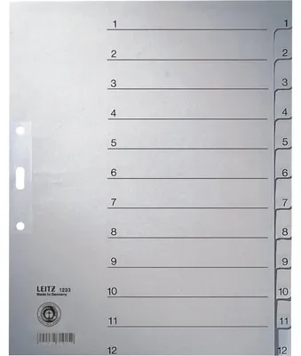 Produktbild von Leitz Papierregister, DIN A4 Überbreite, 12-teilig, 1 - 12, Linienaufdruck, 100g/qm, Tauenpapier, grau, 2-fach Lochung