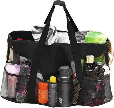 Produktbild von Große Strandtasche für Strandspielzeug, 70 x 45 x 18 cm, schwarz, opklappbar, Netzbeutel