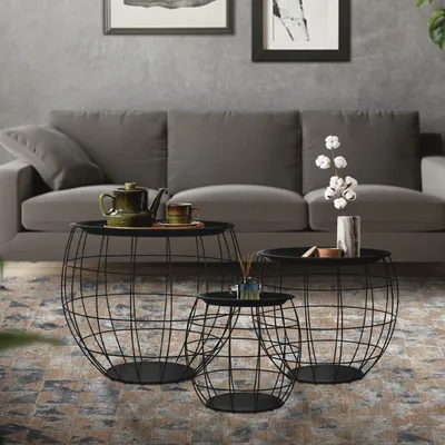 Obrázok produktu pre Stolík ML-Design okrúhly set 3, čierny, z kovu, odkladací priestor, odnímateľná doska, stoly do obývačky, pohovka, konferenčné stolíky, konferenčné stolíky, stolík s kovovými košíkmi