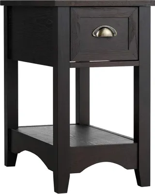 A dark brown wooden side table with a drawer and a shelf.