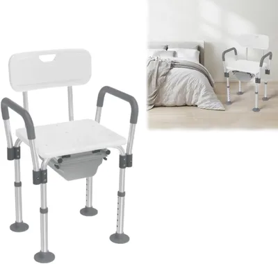 Produktbild von QEENTOE Multifunktionaler Toilettenstuhl mit Armlehnen, höhenverstellbar und rutschfest, einsetzbar als Duschhocker für das Badezimmer, belastbar 150 kg, Weiß-Grau