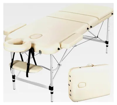 Produktbild von Mobile Massageliege 70 cm breit aus Aluminium, 3 Zonen höhenverstellbar mit Kopfstütze und Transporttasche, belastbar bis 250 kg, Beige